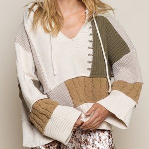 POL Almond Color Block V-Neck Long Sleeve Relaxed Sweater